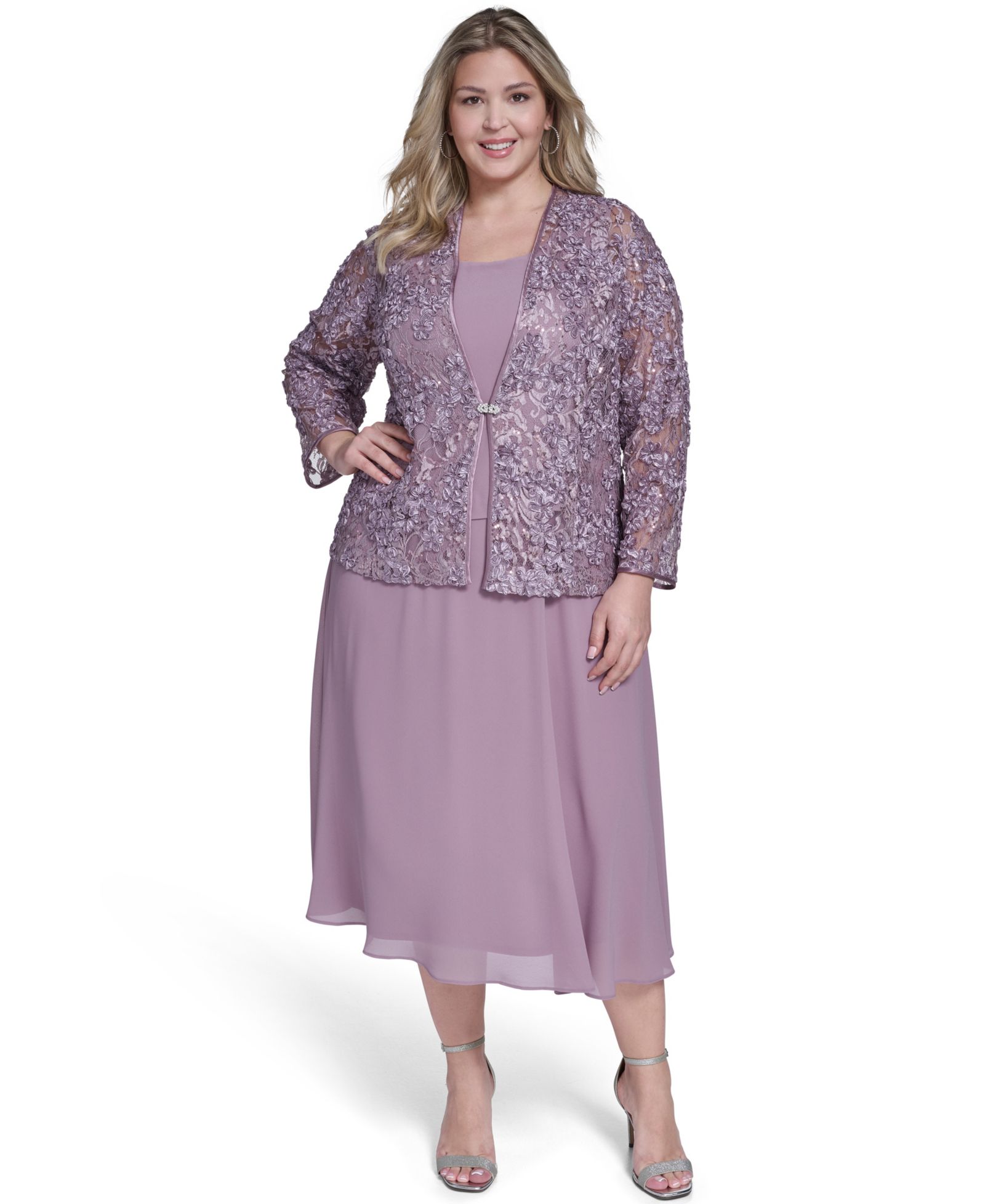 Jessica Howard Plus Size 3/4-Sleeve Jacket with Crewneck Dress