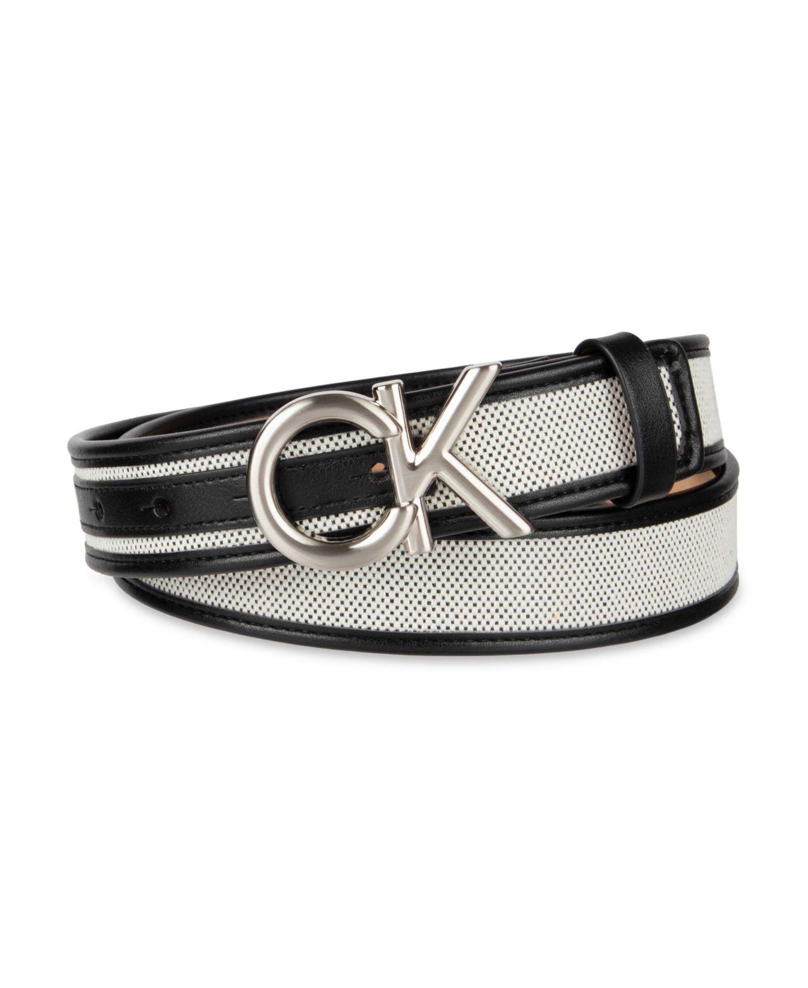 Calvin Klein Women's Woven Inlay Leather Belt with Puff CK Monogram Buckle Belt