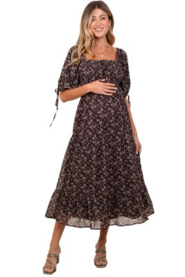 Pinkblush Женский Dark Brown Floral Smocked Sleeve Tie Midi Dress
