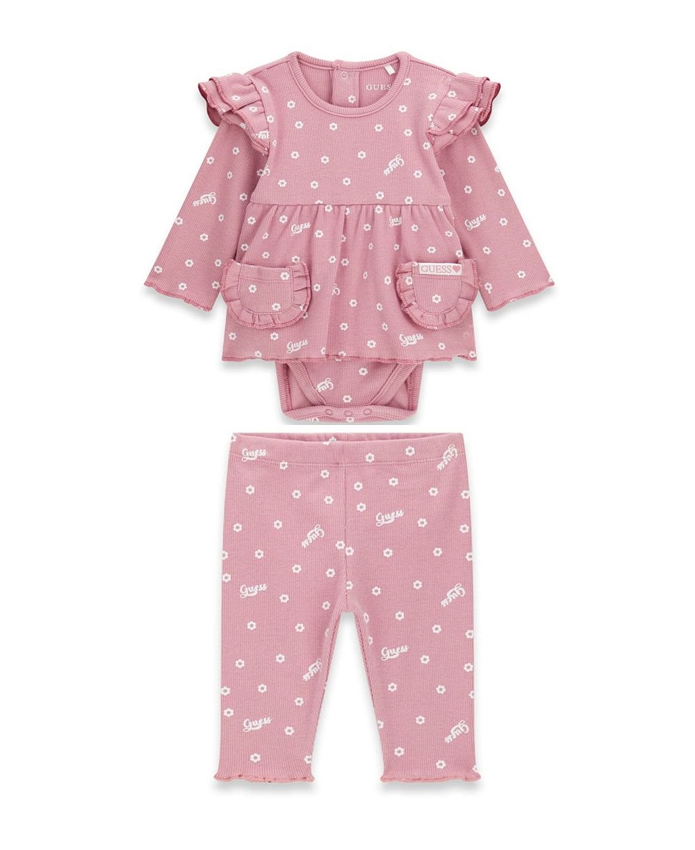 GUESS Baby Girls' Stretch Rib Long-Sleeve Bodysuit and Pant, 2-Piece Set