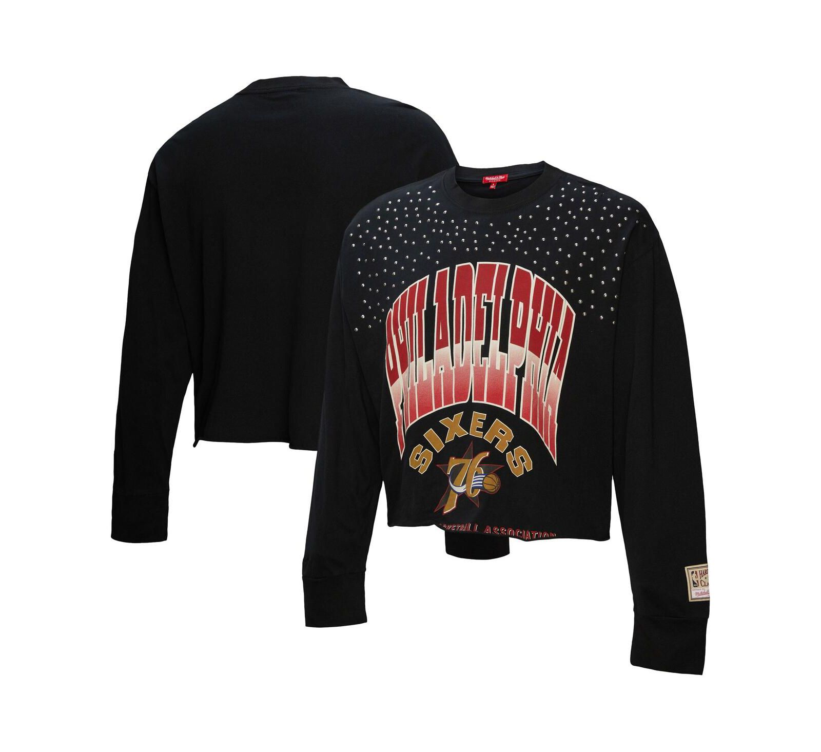Женская футболка Mitchell & Ness Black Philadelphia 76ers Hardwood Classics Studded Boxy Cropped Long Sleeve
