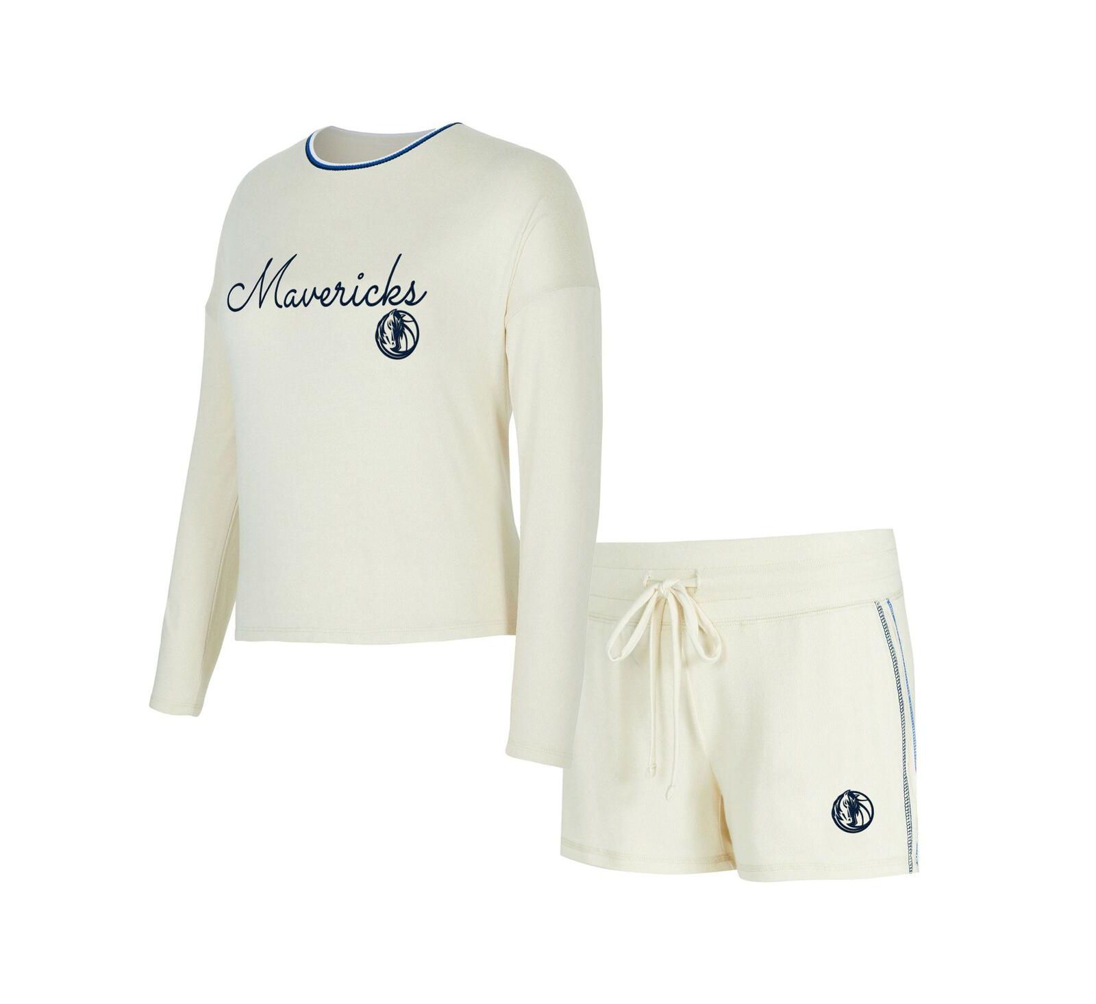 Concepts Sport Women's 2-Piece Cream Dallas Mavericks Kaki Hacci Knit Long Sleeve Top and Shorts Set