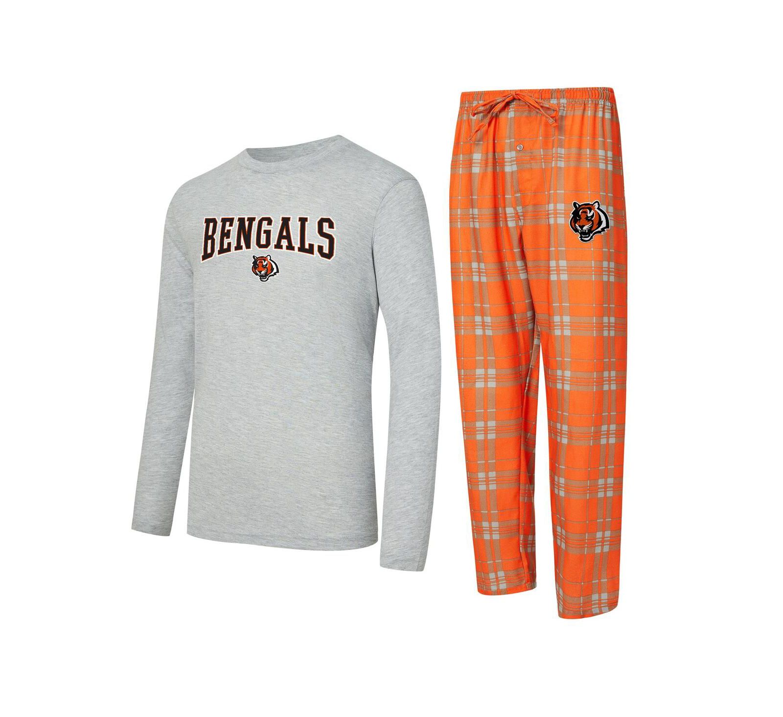 Concepts Sport Men's 2-Piece Orange/Gray Cincinnati Bengals Regulate Long Sleeve T-Shirt and Plaid Pants Set