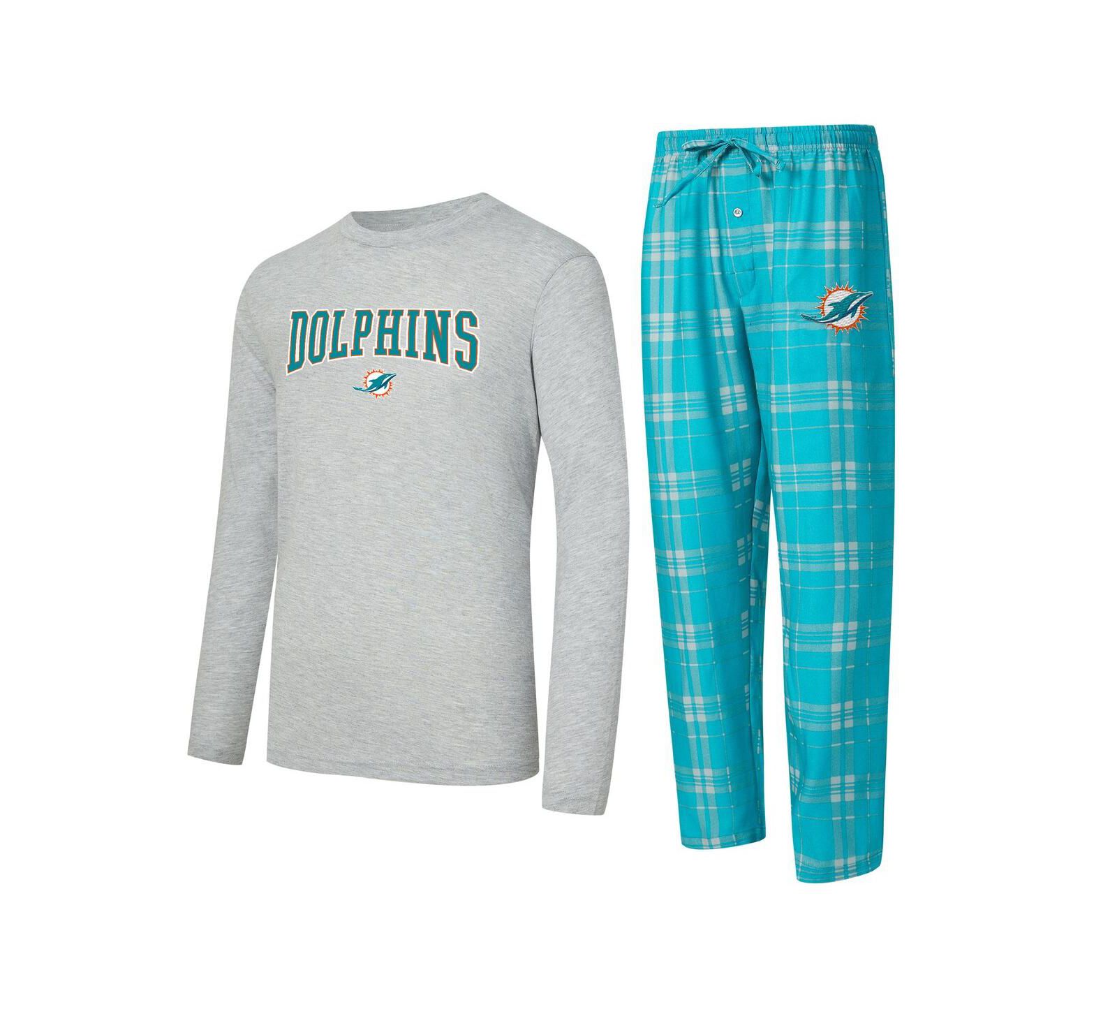Concepts Sport Men's 2-Piece Aqua/Gray Miami Dolphins Regulate Long Sleeve T-Shirt and Plaid Pants Set