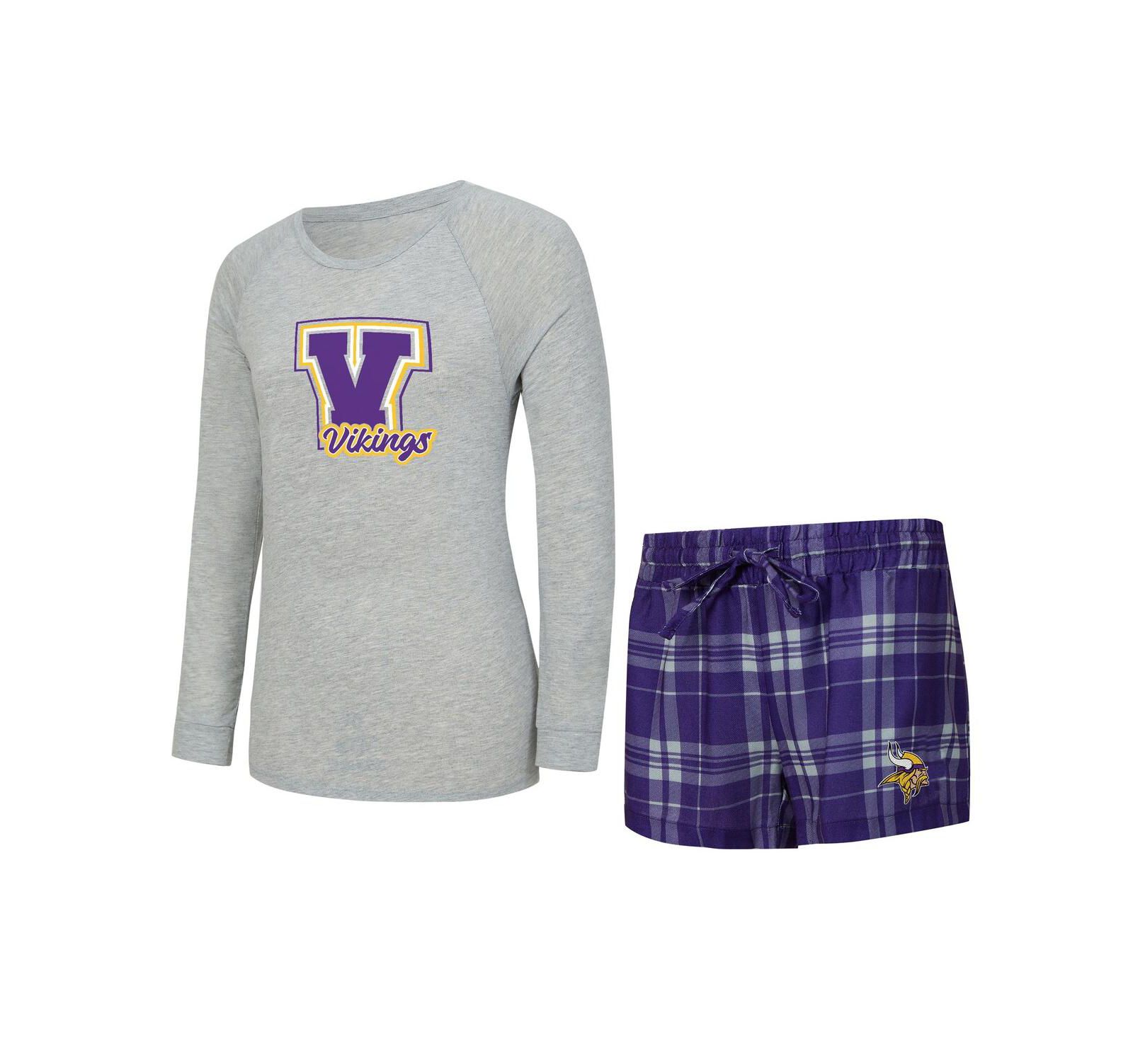 Concepts Sport Women's 2-Piece Heather Gray/Purple Minnesota Vikings Regulate Plaid Long-Sleeve T-Shirt and Shorts Sleep Set