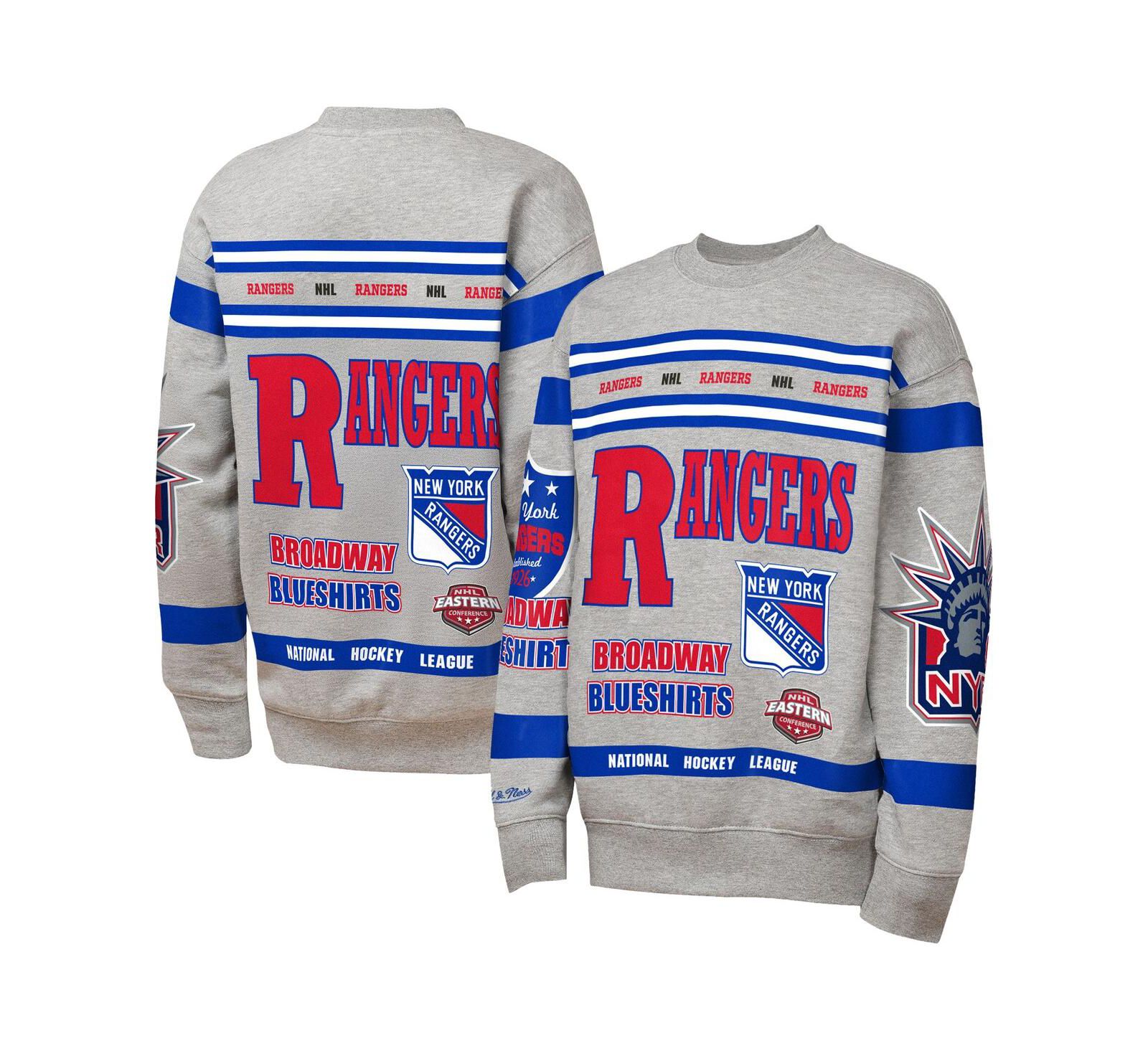 Mitchell & Ness Флисовое худи с круглым вырезом для мальчиков и девочек, серый меланж, принт New York Rangers