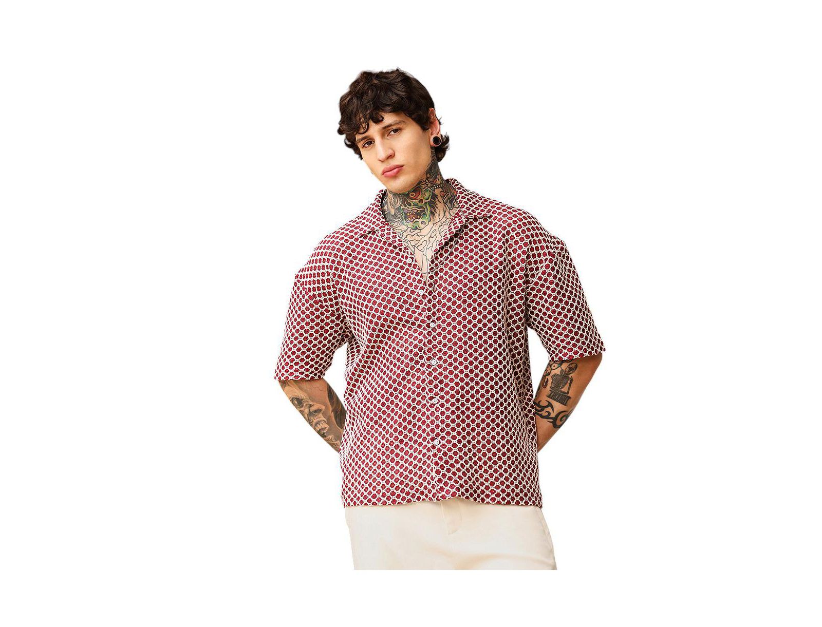 Campus Sutra Men's Crimson Red Geometric-Crochet Cuban Oversized Shirt