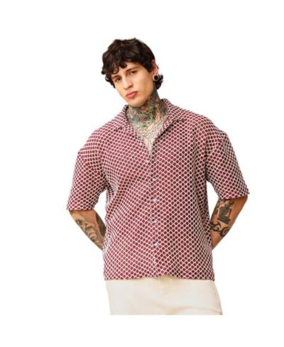 Мужская рубашка Campus Sutra Crimson Red Geometric-Crochet Cuban Oversized