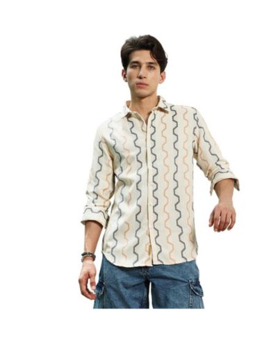 Campus Sutra Men's Off White Zigzag Pattern Full Sleeve Cotton Blend Shirt