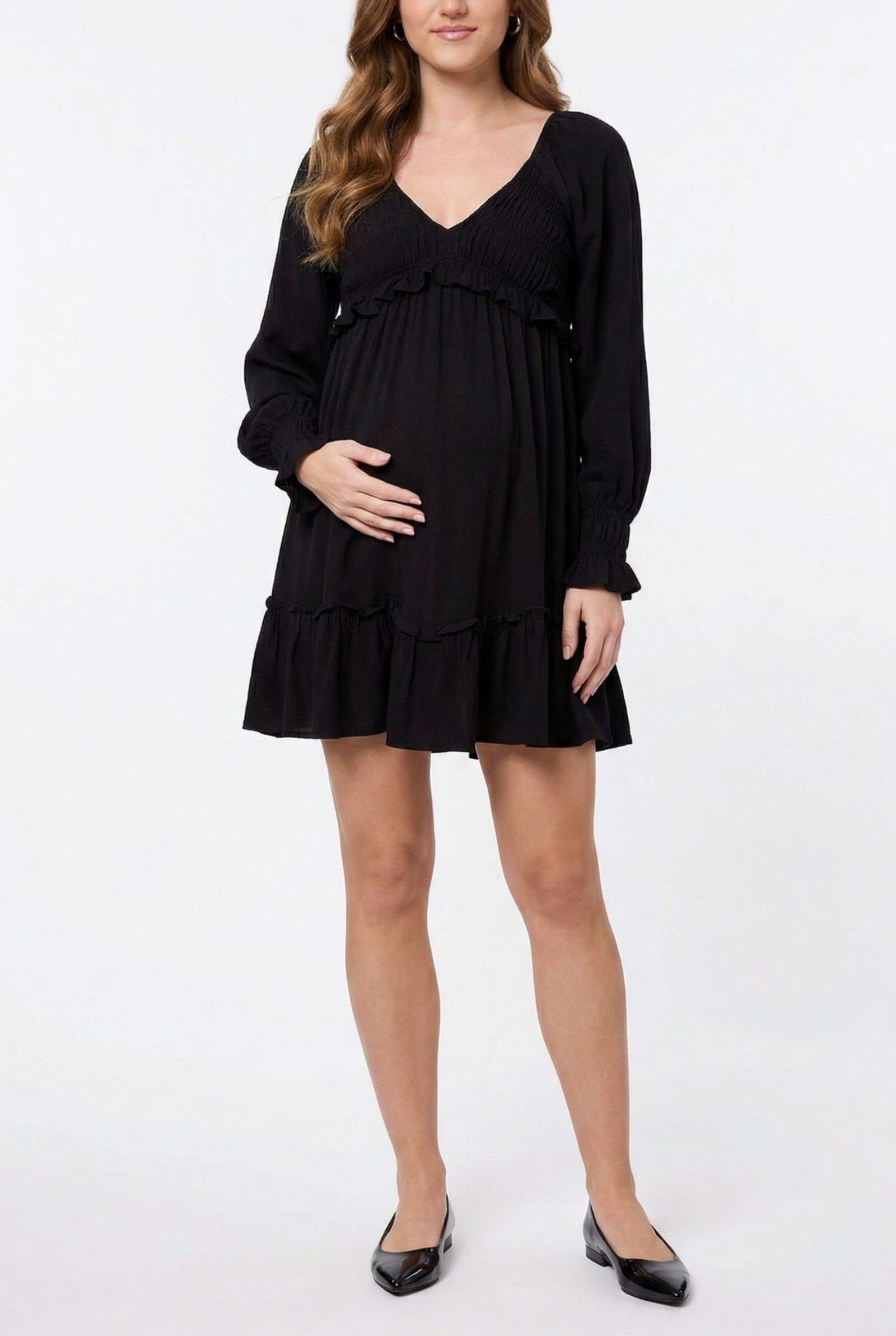 Motherhood Maternity Women's Motherhood V-Neck Long Sleeve Smocked Tiered Short Dress
