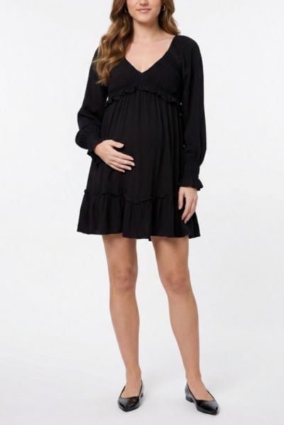 Motherhood Maternity Women's Motherhood V-Neck Long Sleeve Smocked Tiered Short Dress