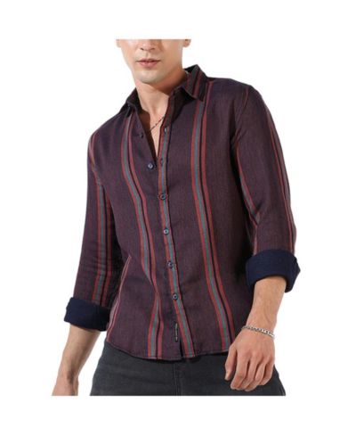 Campus Sutra Men's Maroon Striped Regular Fit Casual Shirt