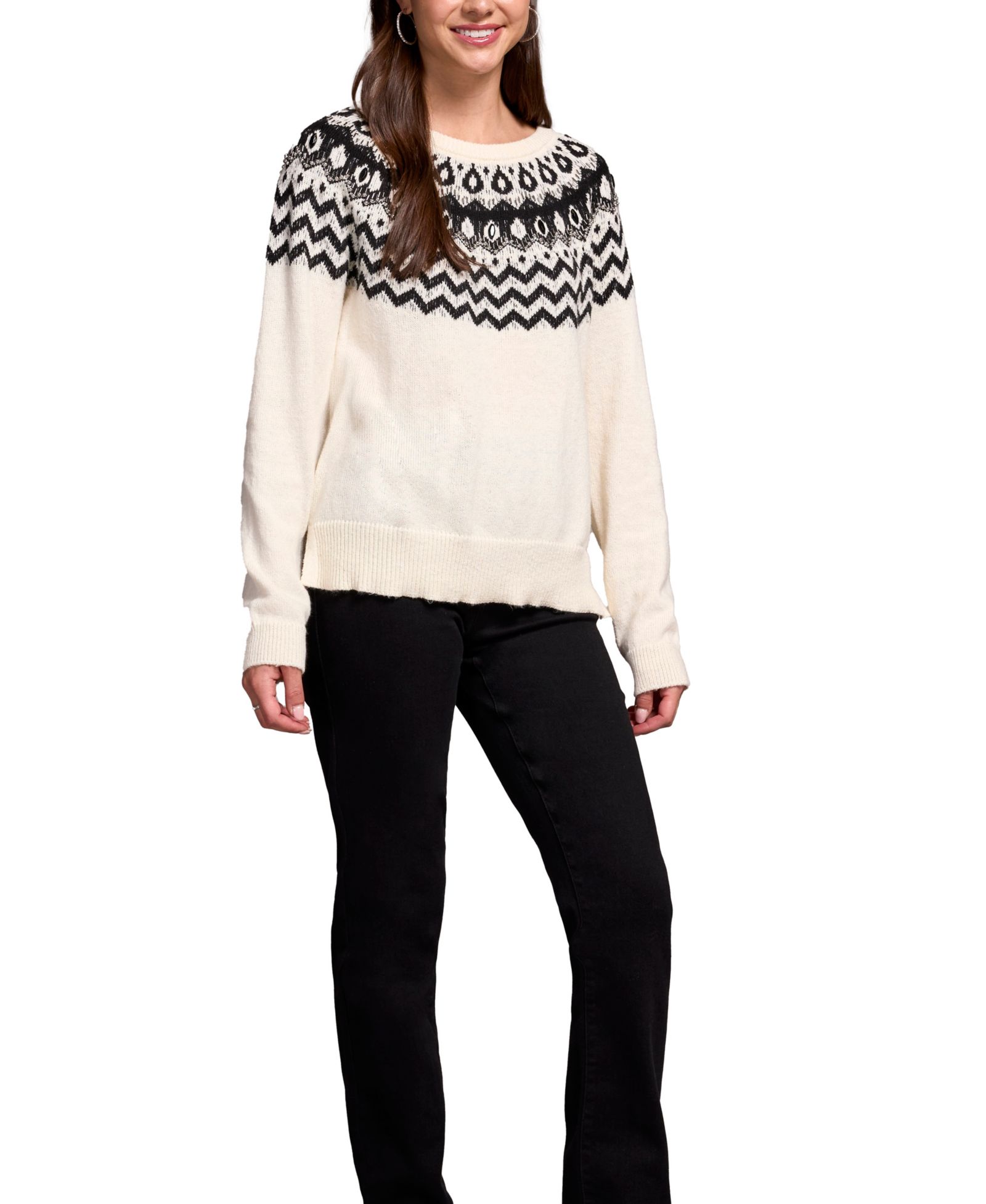 TRIBAL Women's Soft Beaded Fair Isle Scoop Neck Sweater