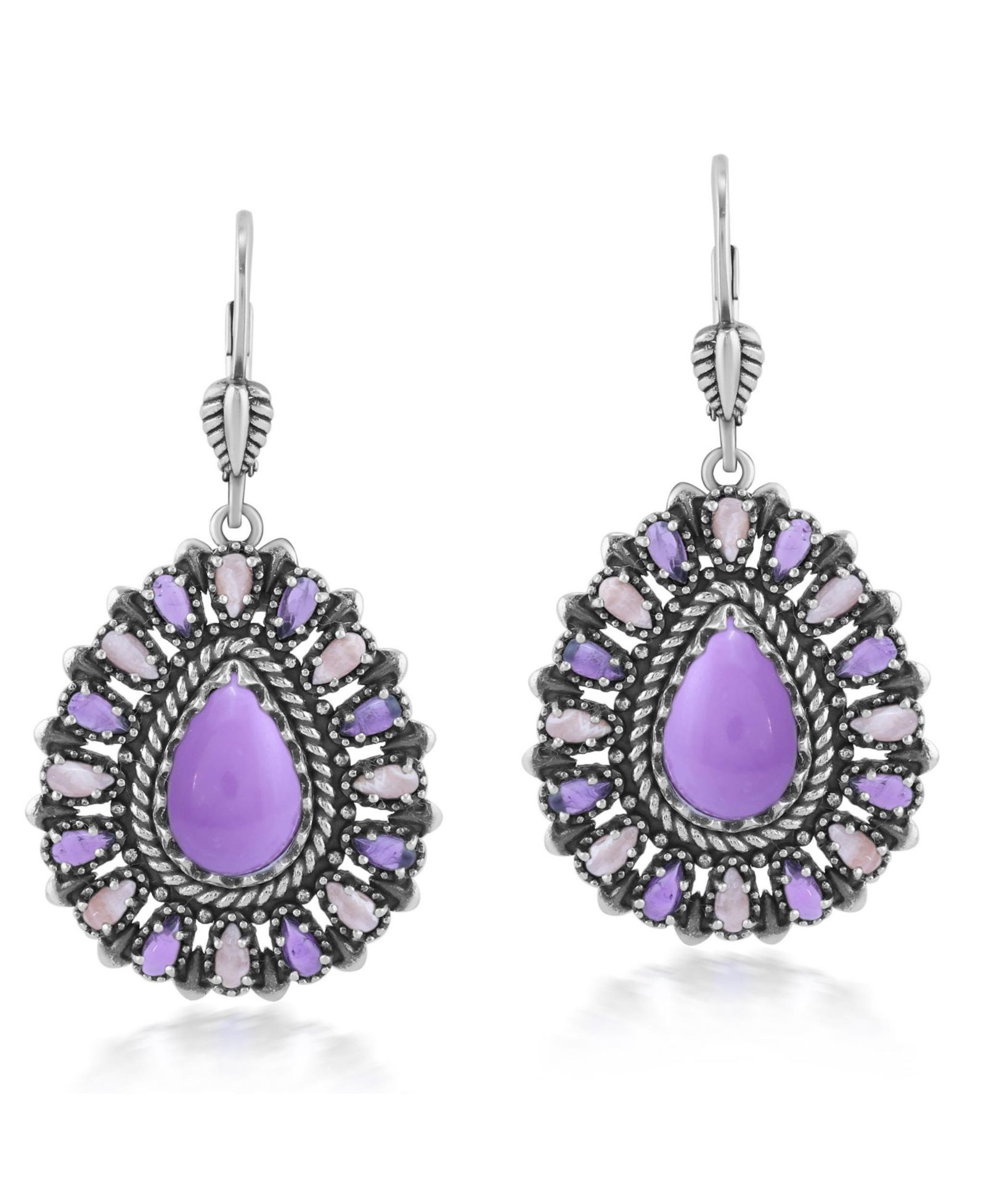 American West Jewelry Sterling Phosphosiderite, Rhodochrosite, and Amethyst Cluster Pear Shaped Dangle Earrings