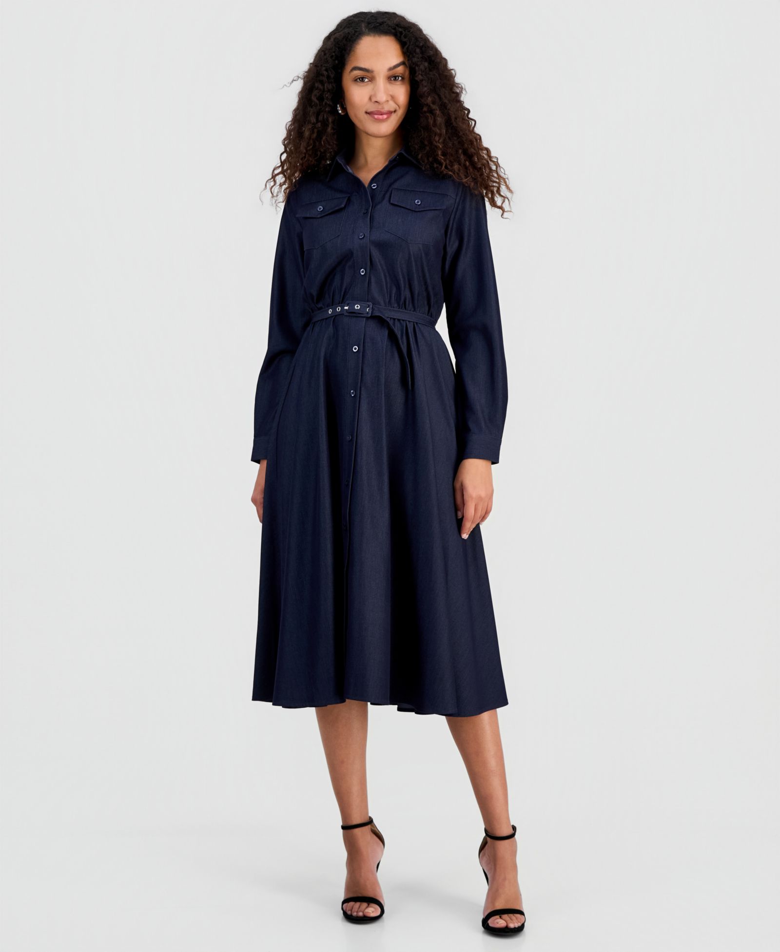 Женское платье T Tahari Belted Button Long-Sleeve Fit & Flare