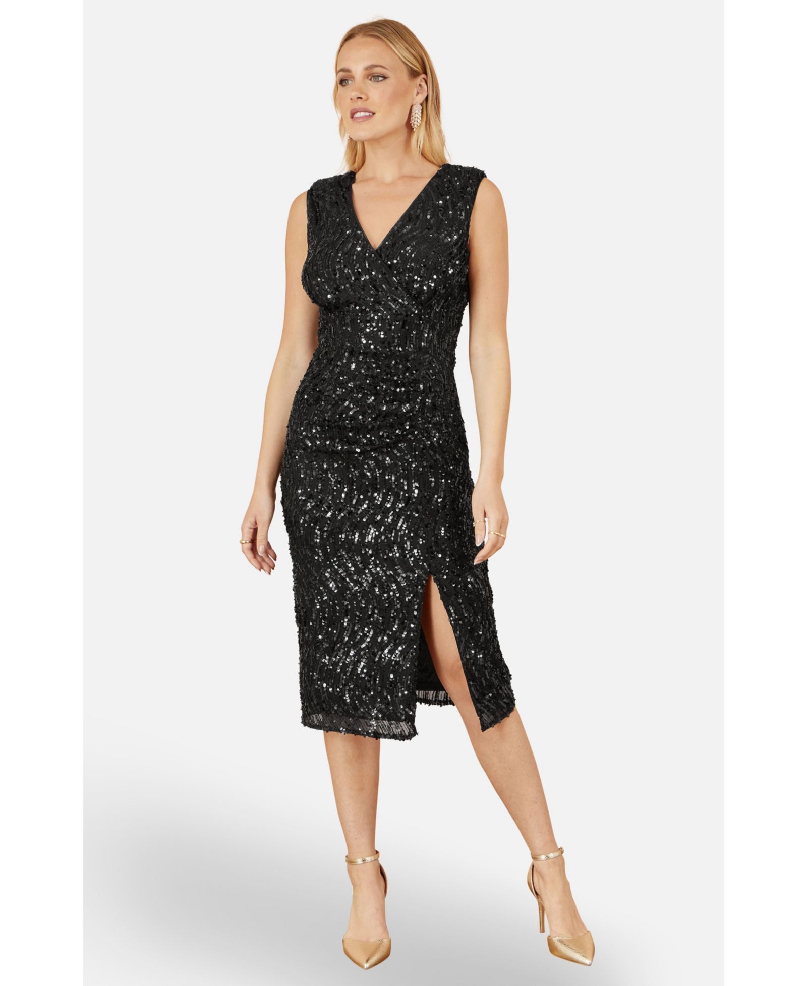 Yumi Women's Sequin Fitted Wrap Dress With Split Hem