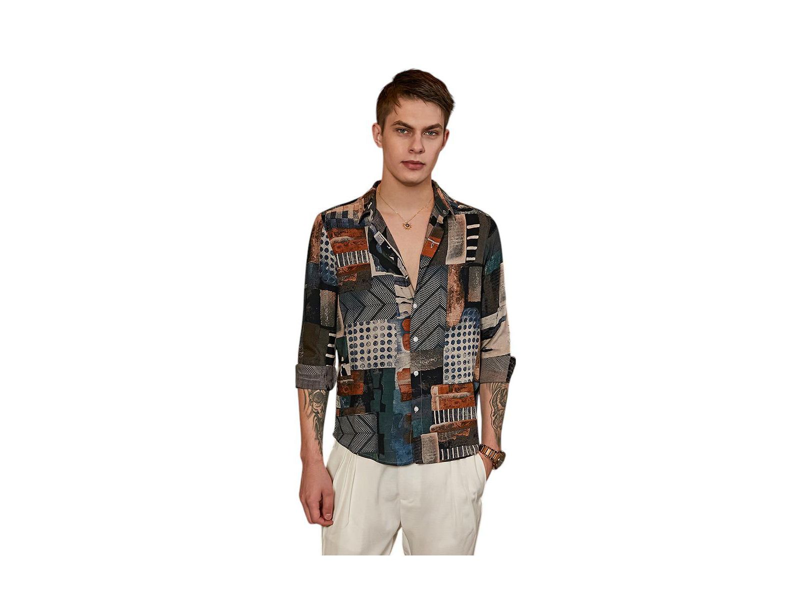 Campus Sutra Men's Indigo Blue & Coffee Brown Earthy-Abstract Shirt
