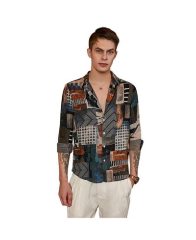 Campus Sutra Men's Indigo Blue & Coffee Brown Earthy-Abstract Shirt