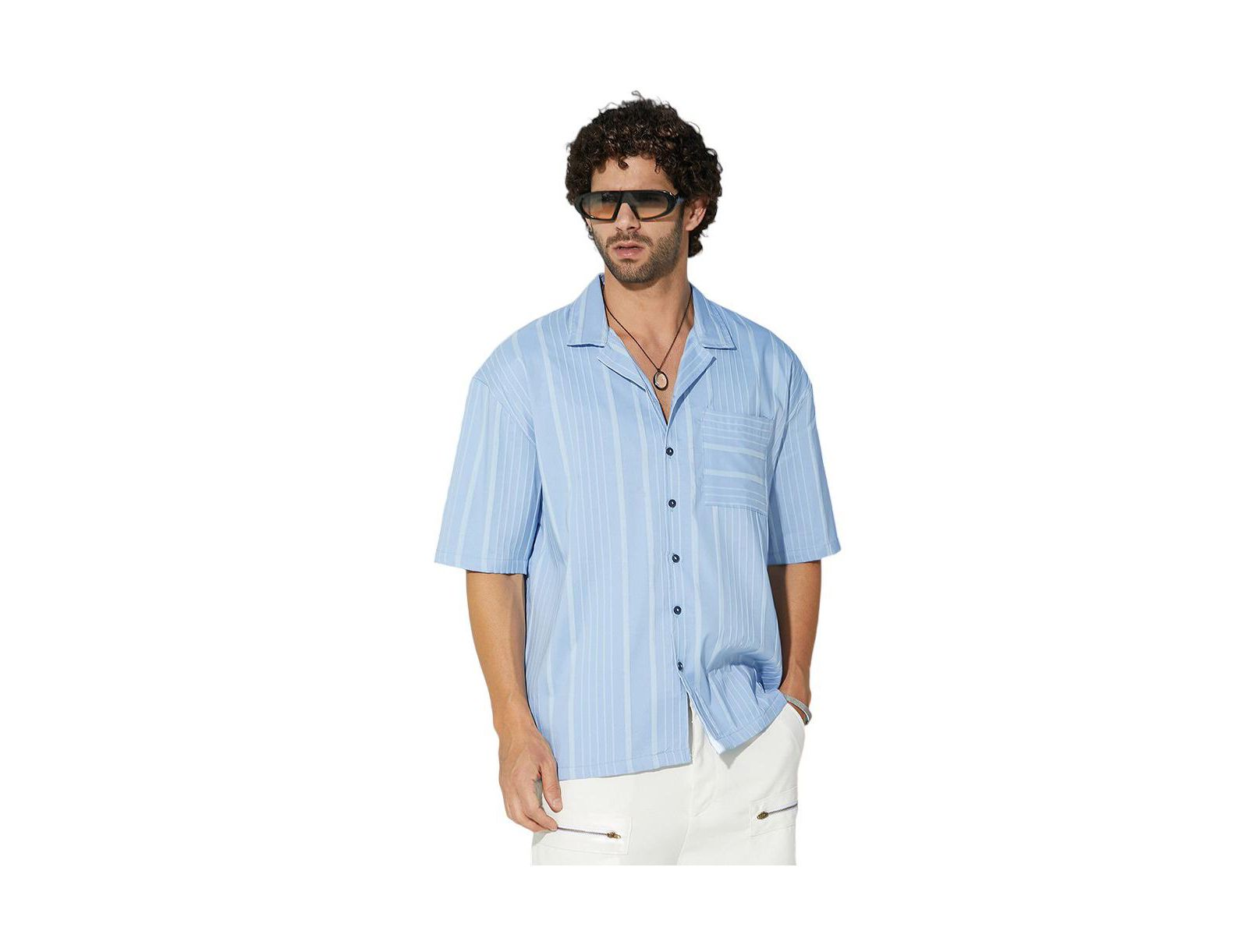 Campus Sutra Men's Powder Blue Unbalanced-Ridge Oversized Shirt