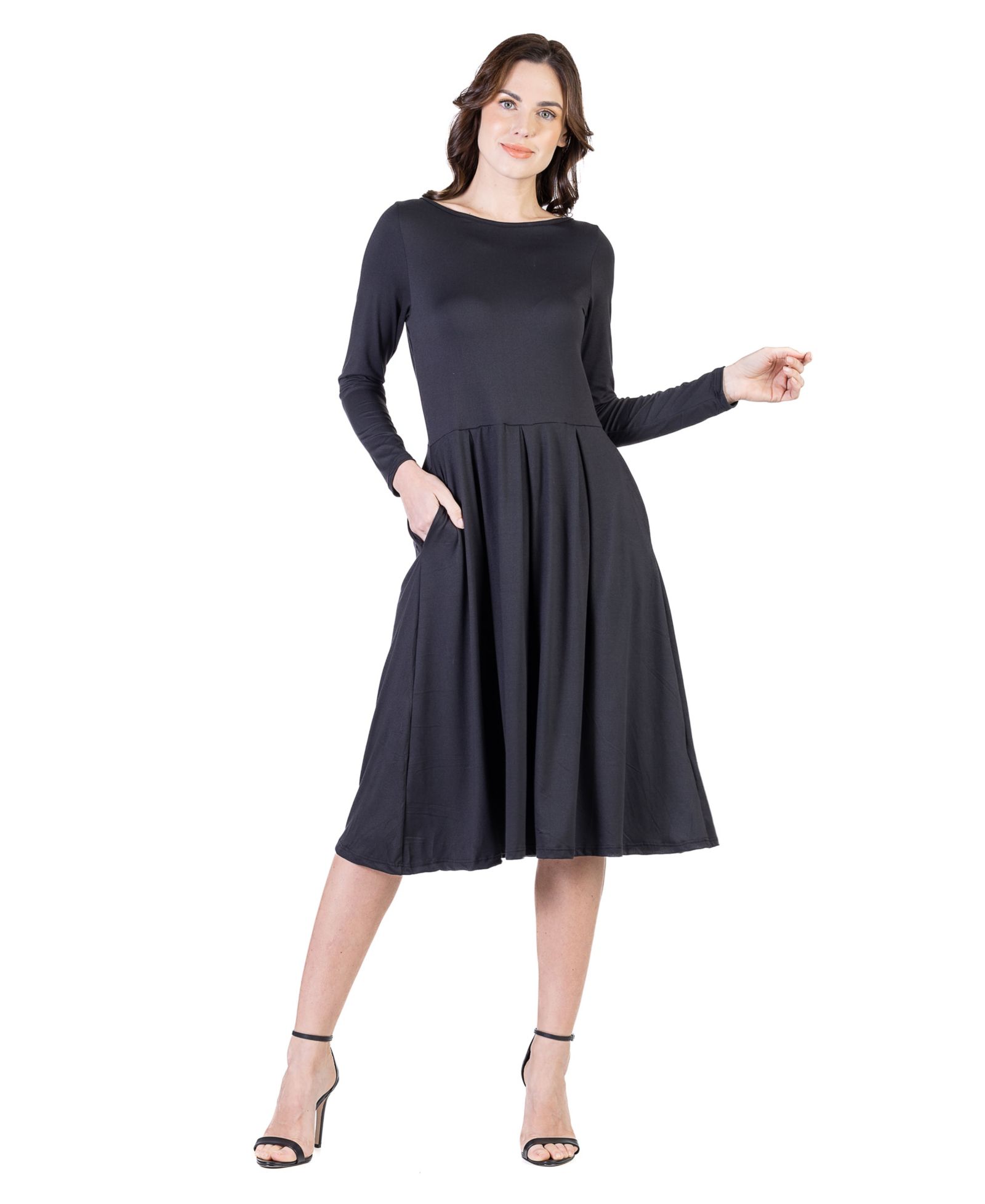 24seven Comfort Apparel Petite Midi Fit and Flare Pocket Dress