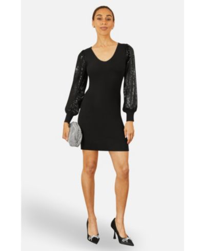 Yumi Women's Knitted Fitted Dress With Sequin Sleeves
