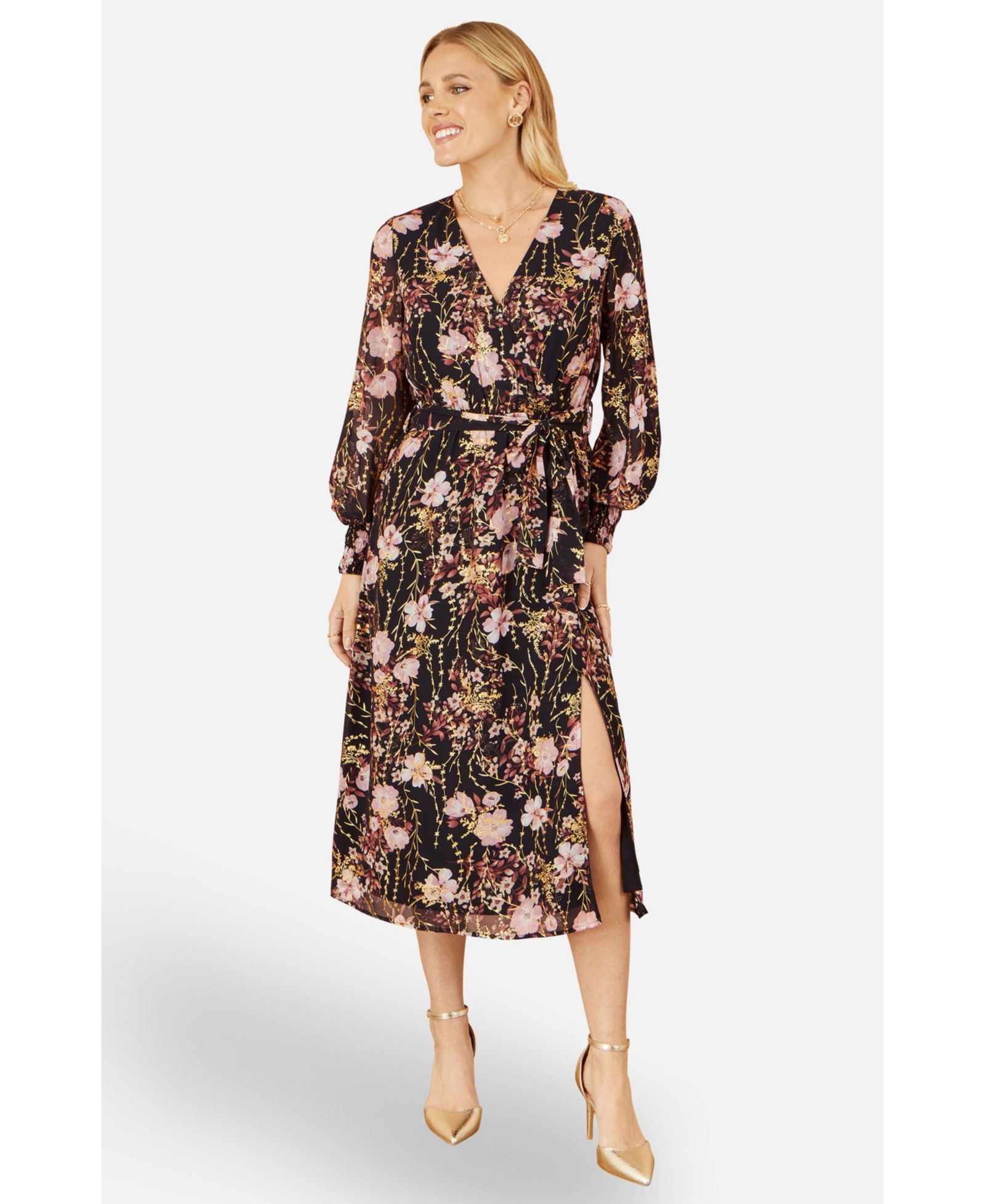 Женское платье Yumi Foiled Floral Print Wrap Midi