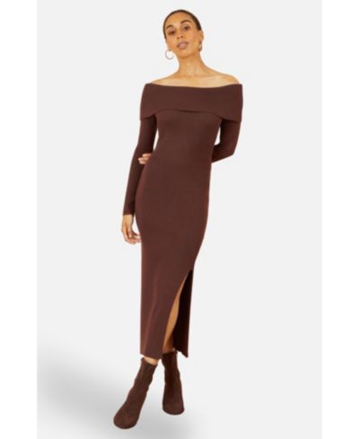 Yumi Women's Bardot Knitted Fitted Midi Dress