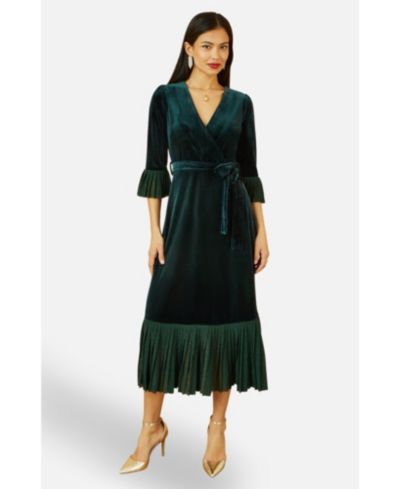 Yumi Women's Velvet Midi Pleat Detail Wrap Dress