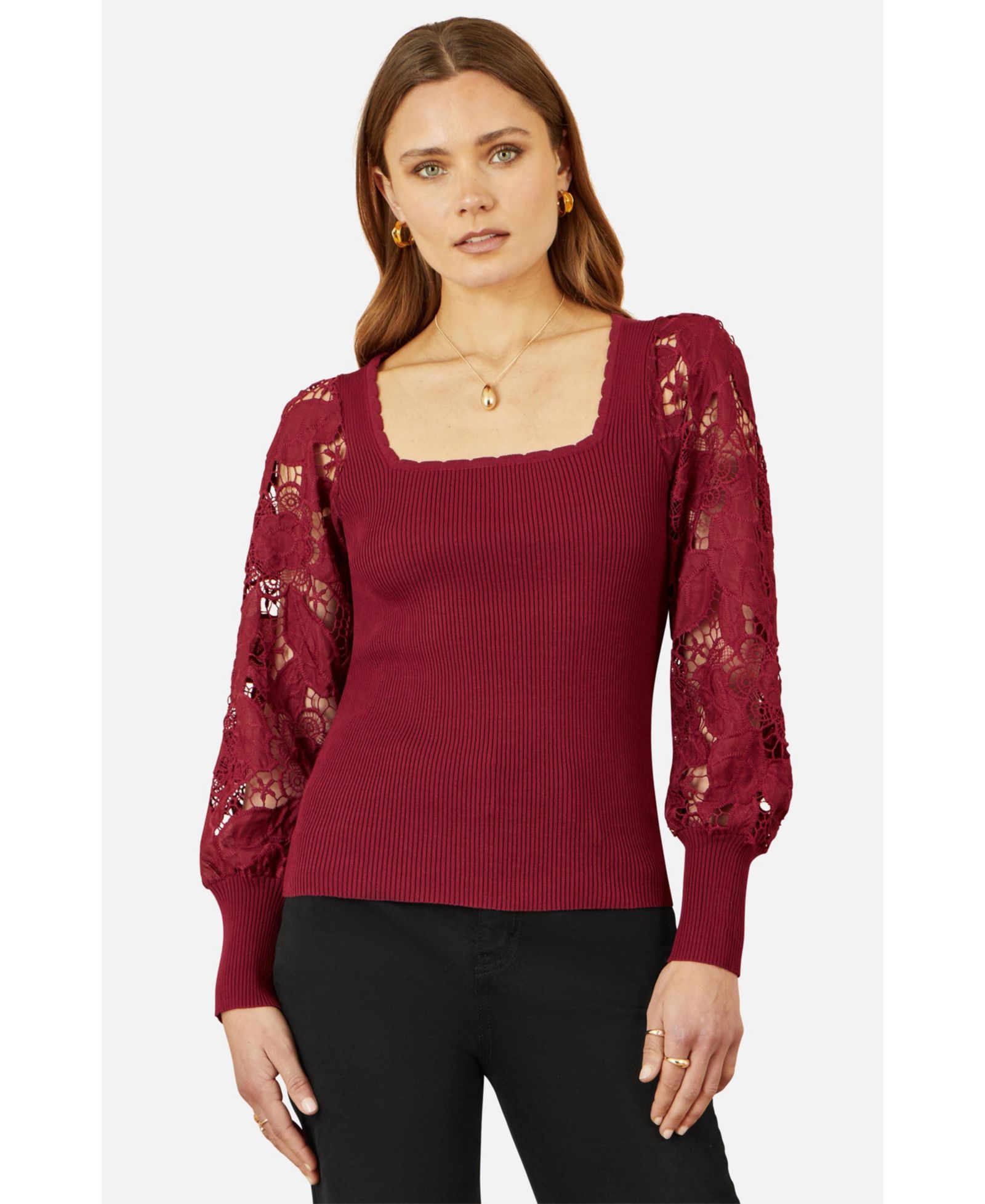Yumi Women's Ribbed Knitted Lace Sleeve Sweater