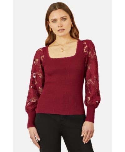 Yumi Women's Ribbed Knitted Lace Sleeve Sweater