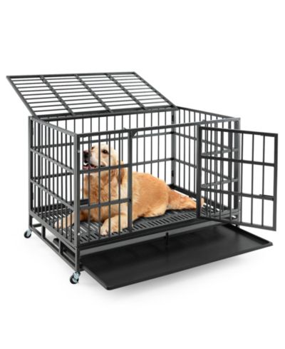 Gymax 48'' Foldable Heavy-Duty Metal Dog Cage W/ Lockable Rolling Casters