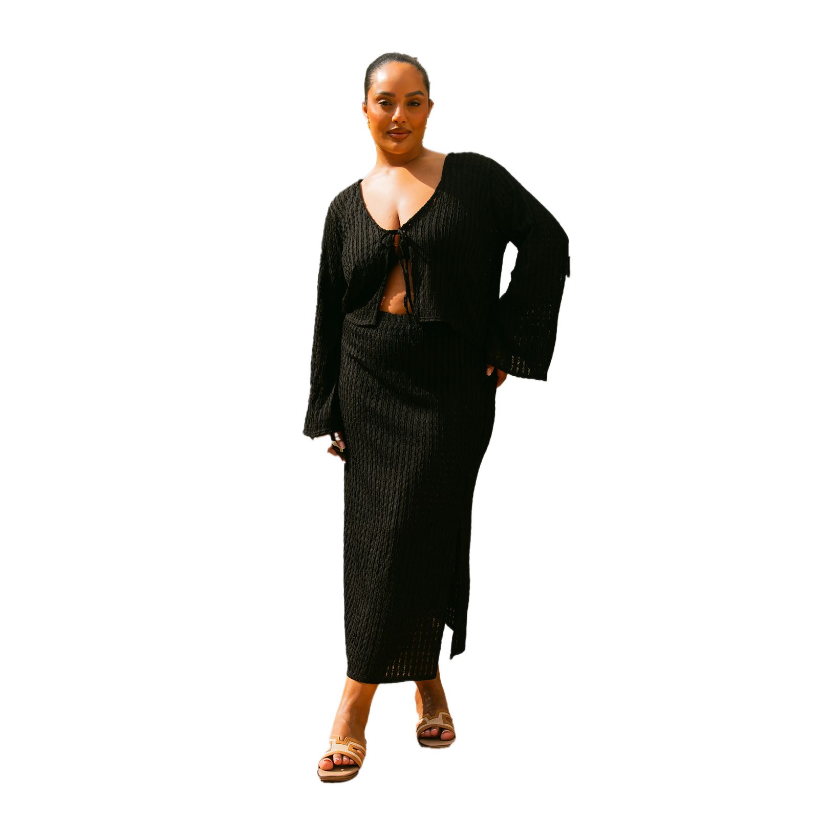FASHION-SZN CURVE Women's Curve Crochet Tie Front Resort Top