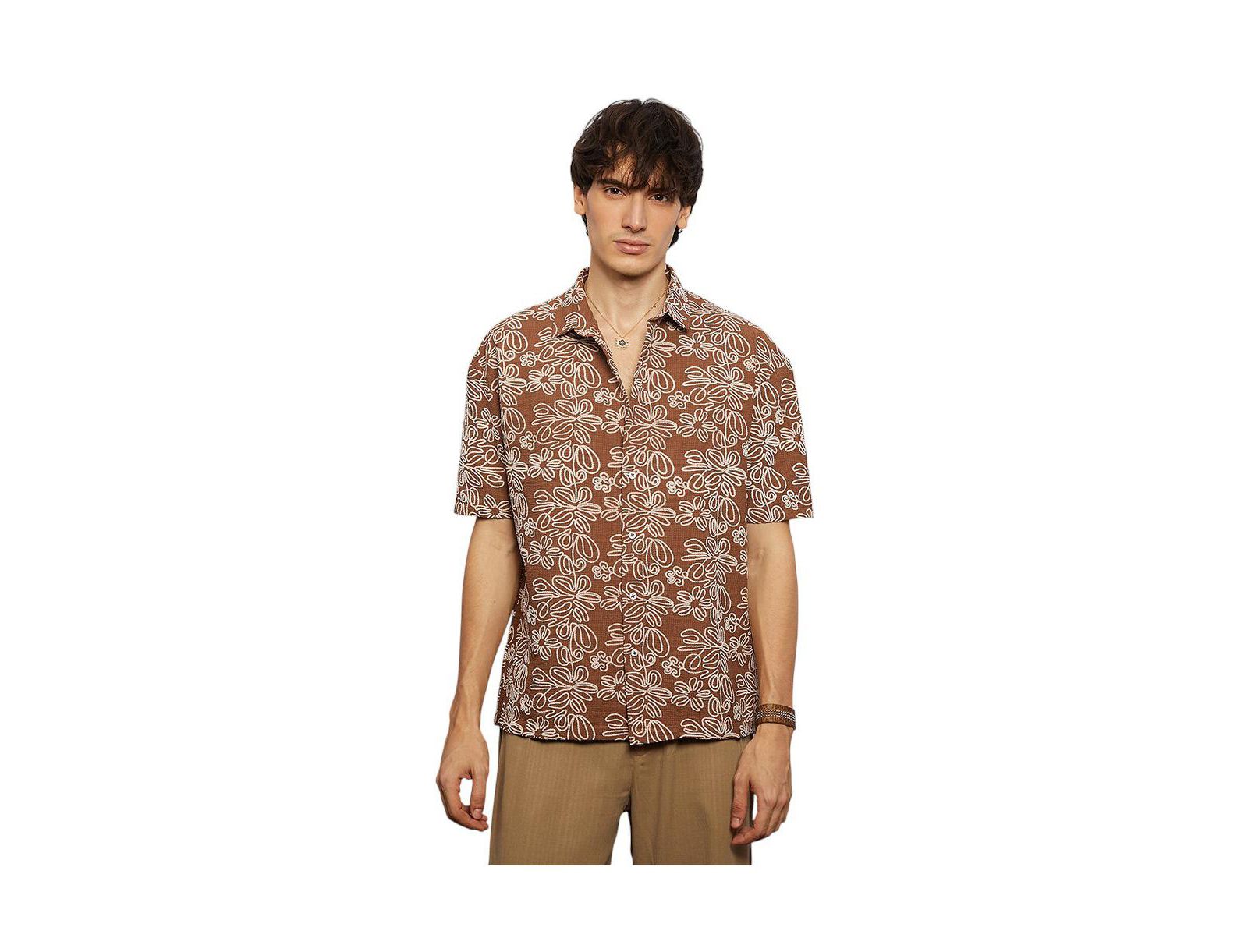 Мужская рубашка Campus Sutra Mocha Brown Floral-Lined Oversized