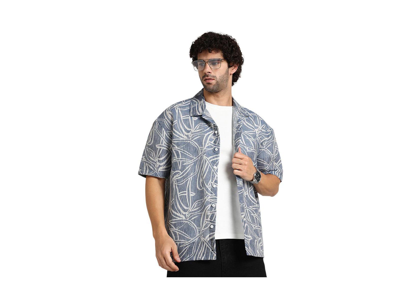 Мужская рубашка Campus Sutra Steel Blue Vine-Lines Resort Oversized