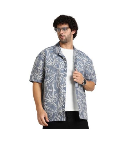Мужская рубашка Campus Sutra Steel Blue Vine-Lines Resort Oversized