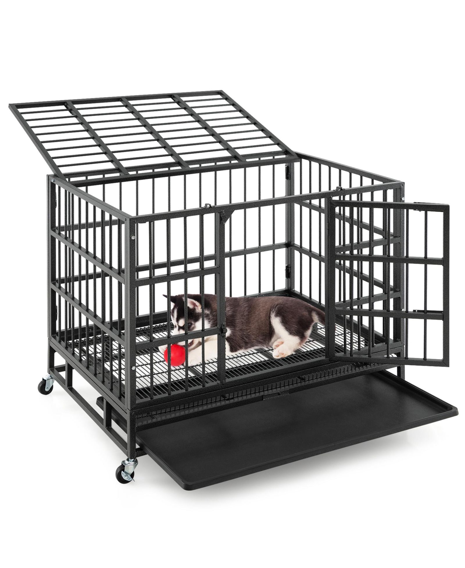 Gymax 38'' Foldable Heavy-Duty Metal Dog Cage W/ Lockable Rolling Casters