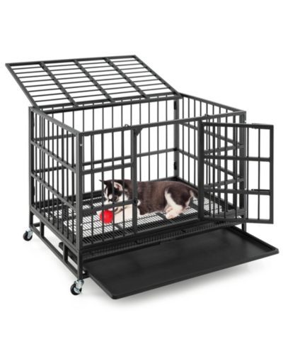 Gymax 38'' Foldable Heavy-Duty Metal Dog Cage W/ Lockable Rolling Casters