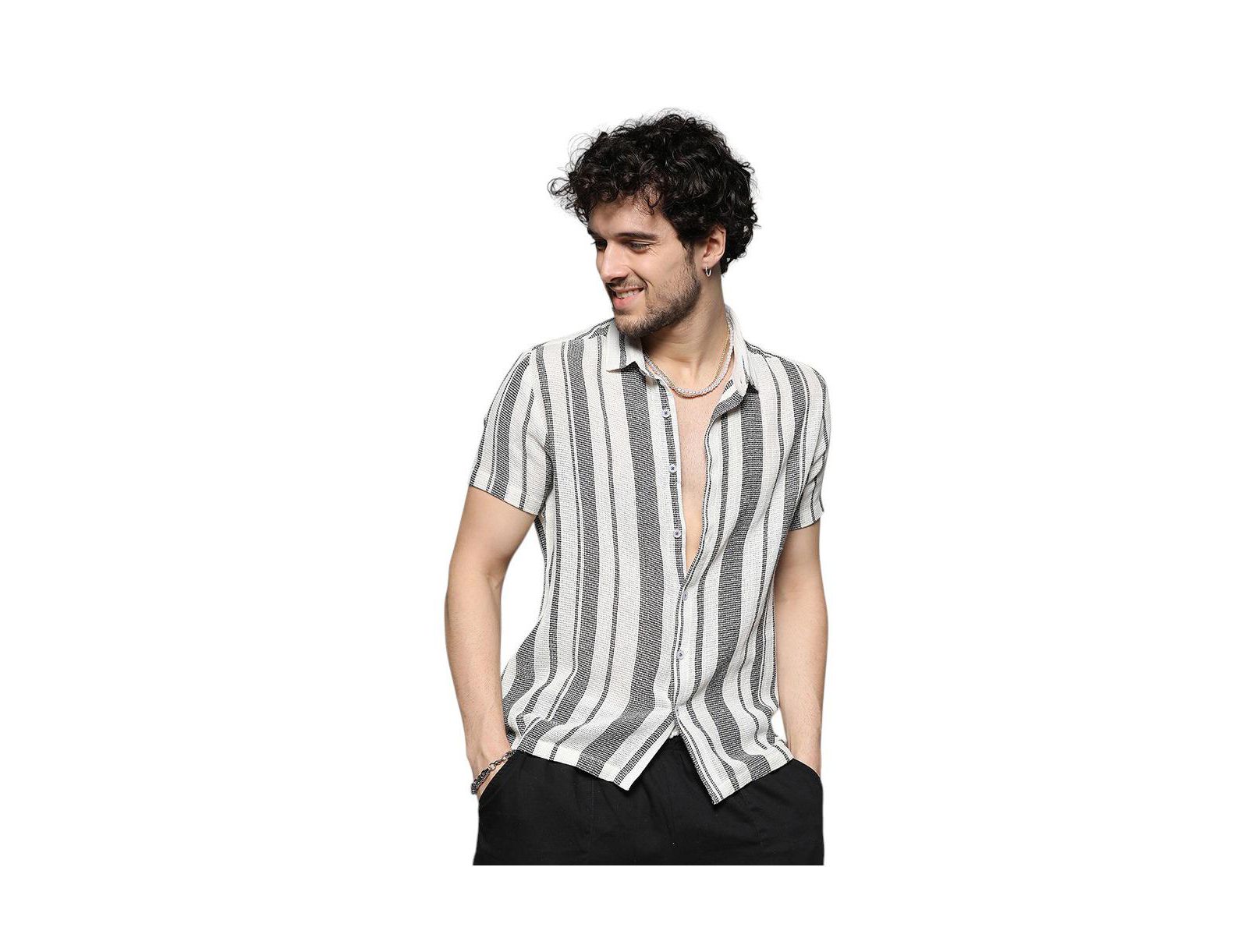 Campus Sutra Men's White & Grey Unbalanced Striped Woven Shirt