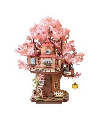 ROBOTIME 3D Puzzles Sakura Tree House Model Kit, DIY Wooden Puzzle, Home Decor Toys, Adult Kid Unique Holiday Gifts, Pink, 9.49"11.8"12.09"