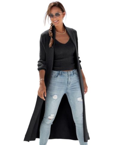 LASCANA Women's Long Knit with Pockets Ribbed Cardigan