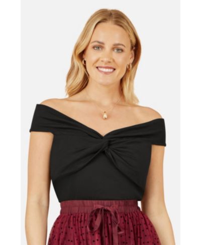 Yumi Women's Short Sleeve Knot Detail Bardot Top