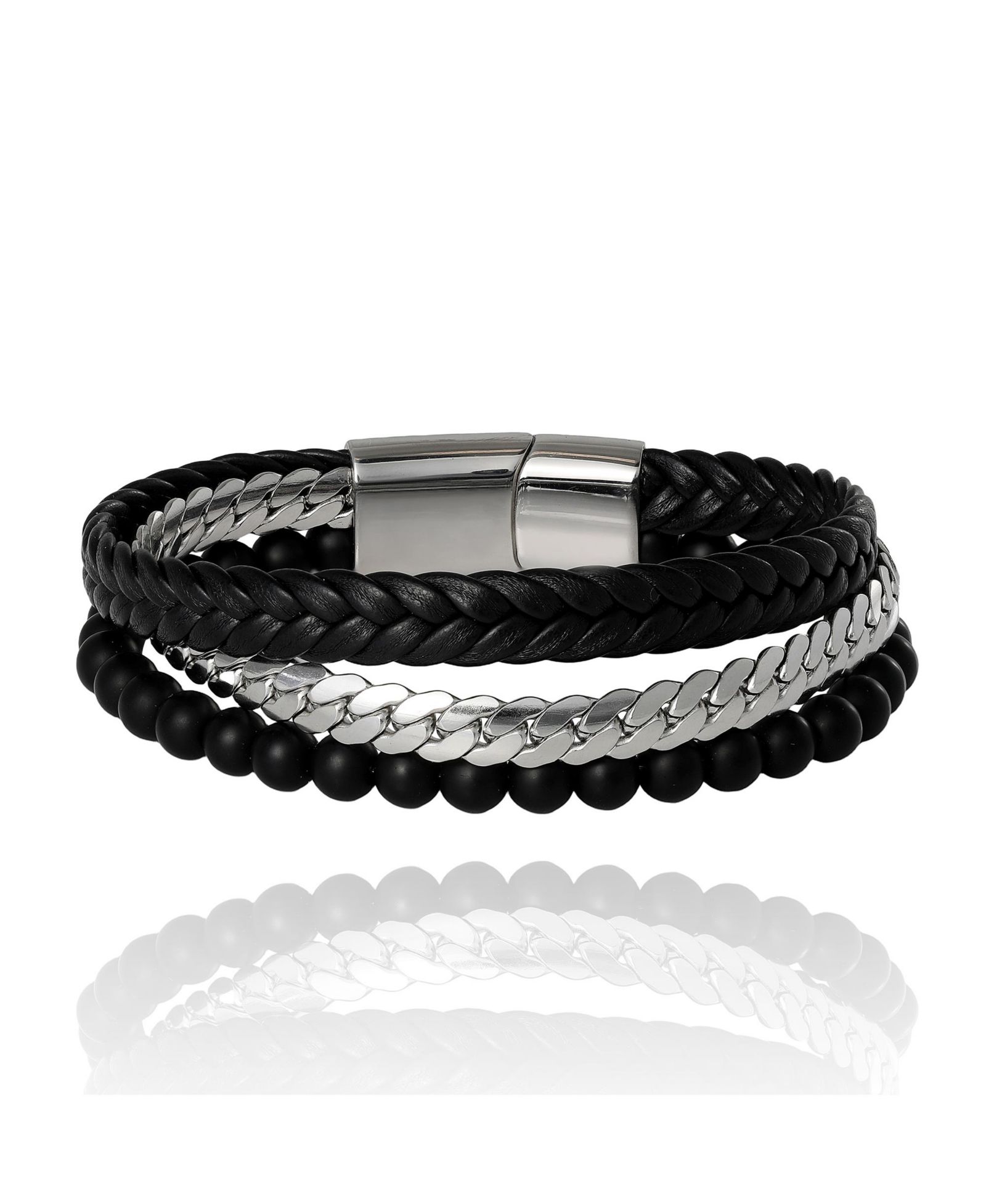 Lucky Brand Мужской 3-Row Chain and Bead Bracelet Black Magnetic Clasp 8.5''