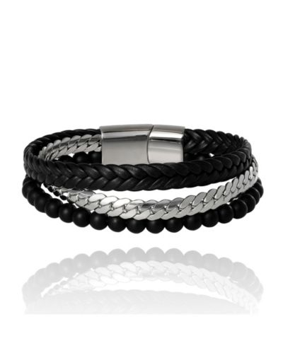 Lucky Brand Men’s 3-Row Chain and Bead Bracelet, Black, Magnetic Clasp - 8.5''