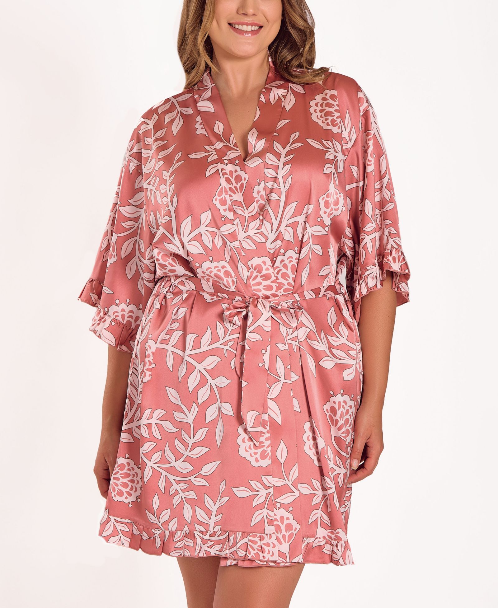 iCollection Plus Size Floral Stretch Woven Long-Sleeve Robe