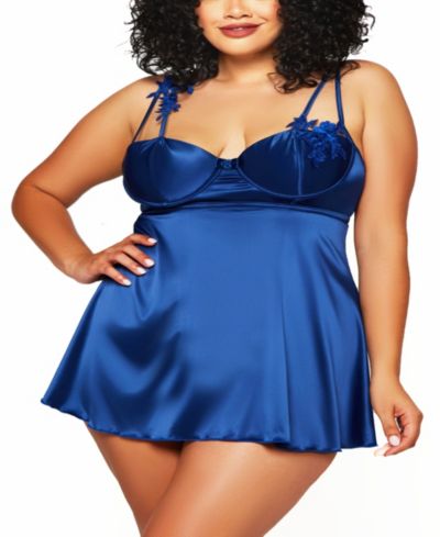 iCollection Plus Size 2 Piece Soft Lace Cup babydoll Lingerie Set
