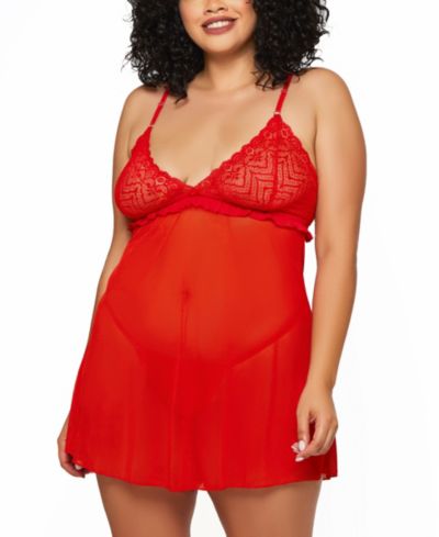 iCollection Plus Size 2 Piece Soft Cup Lace Babydoll Lingerie Set