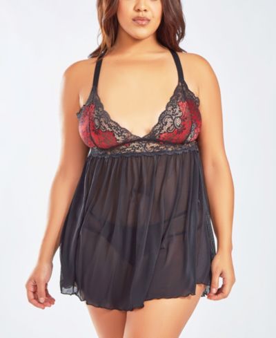 iCollection Plus Size Soft Cup Lace Mesh Babydoll Lingerie Set