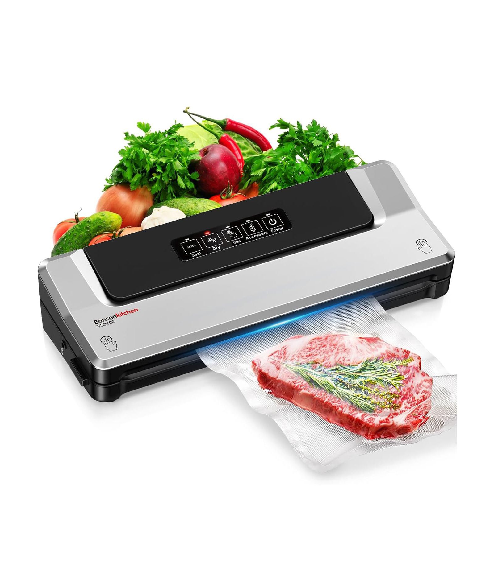 Bonsaii Bonsenkitchen Compact Vacuum Sealer, Fast Multi-Functional Food Saver with 20 Bags, 2 Rolls & Hose, High-Speed Continuous Use, Silver