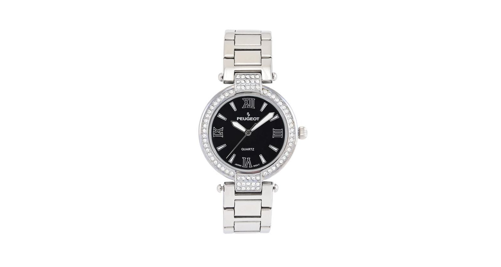 Женские часы Peugeot Silver Bracelet Strap 38mm Round Case Black Dial Crystal Bezel