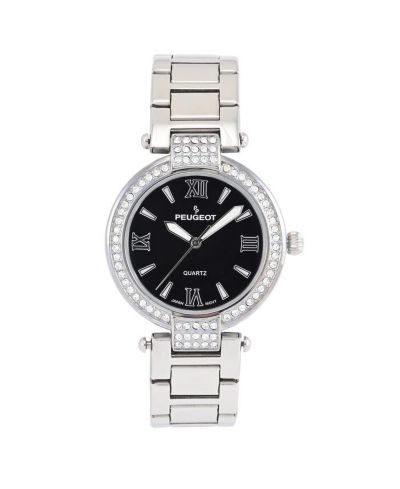 Женские часы Peugeot Silver Bracelet Strap 38mm Round Case Black Dial Crystal Bezel